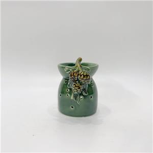 Forest Green Pinecone Relief Ceramic Tealight Holder | 3D Pinecone & Needle Relief Accents | Vintage Glossy Glaze | Winter Nature Tabletop Decor