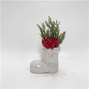 Cream White Christmas Boot Shaped Ceramic Vase, Embossed Bow & Buckle Design Decor Figurine