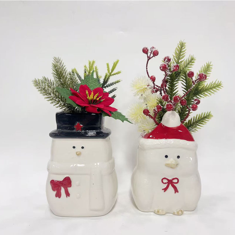 Set of 2 Ceramic Christmas Vase Figurines, Snowman & Bird Shaped with Bow Accent, Festive Tabletop Floral Holder Decor