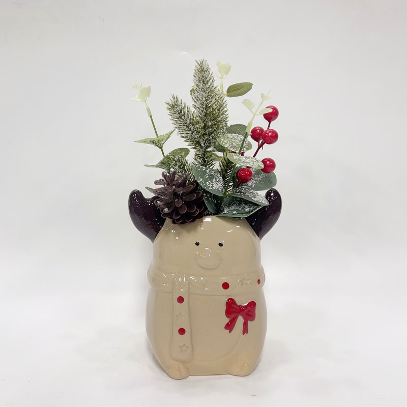 Cute Chubby Reindeer Shaped Ceramic Vase, Red Polka Dot Scarf & Bow Decor Christmas Ornament