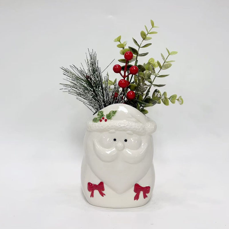 White Ceramic Santa Shaped Vase | Holly Berry Accent on Hat Brim & Red Bow Details | Glossy Glaze Minimalist Design | Holiday Tabletop Decor