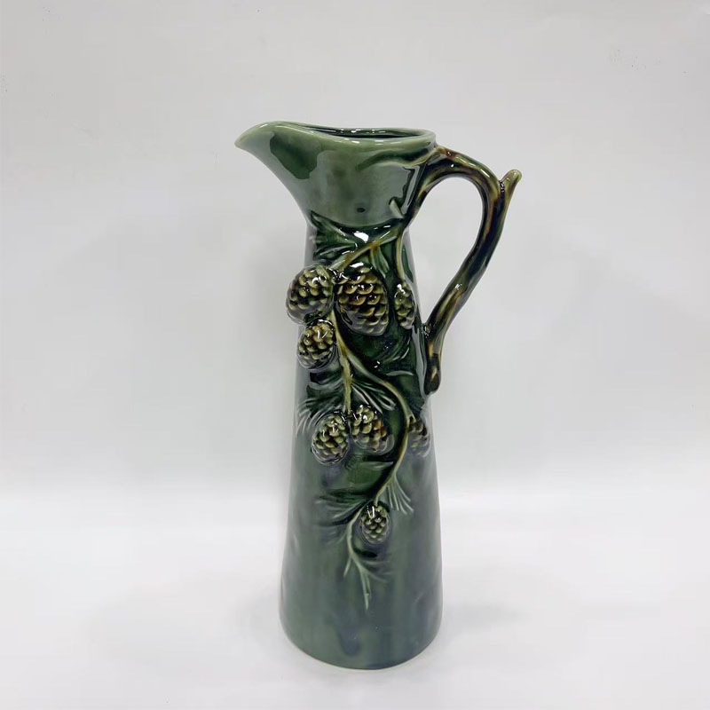 Dark‑Green Glazed Ceramic Pitcher Vase with 3D Embossed Pinecone, Rustic Tabletop Vase