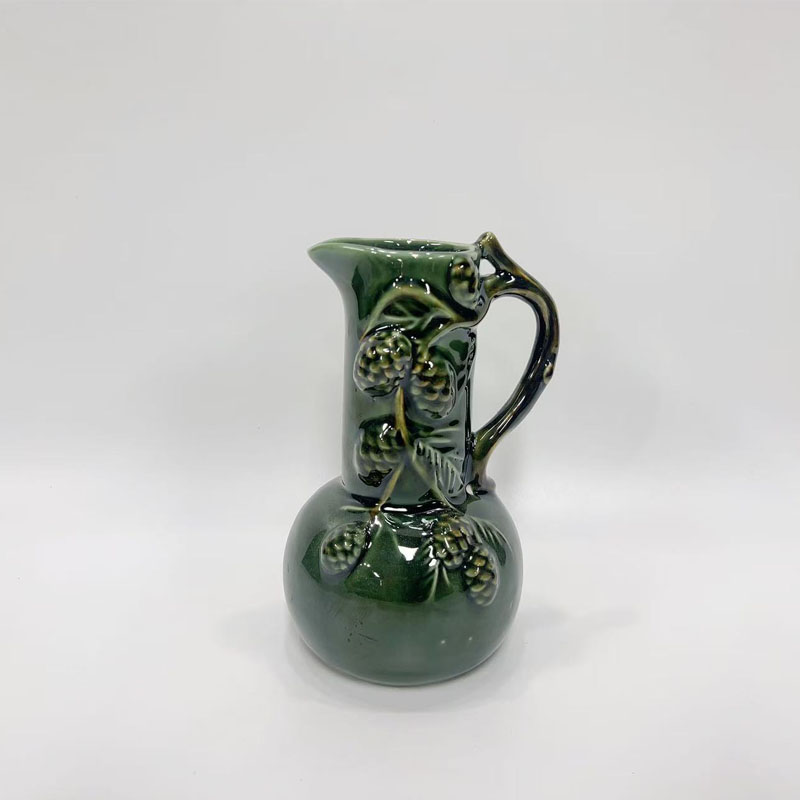 Dark Green Pinecone Embossed Ceramic Pitcher Vase, Branch Handle Forest Style Retro Decor Vase