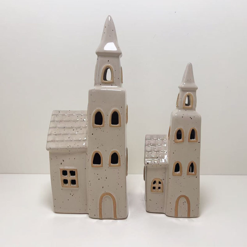 Speckled Cream Ceramic Church Figurine Set, Two‑Size Tower Church with Hollow Cut‑Out Windows, Christmas Village Tabletop Decor