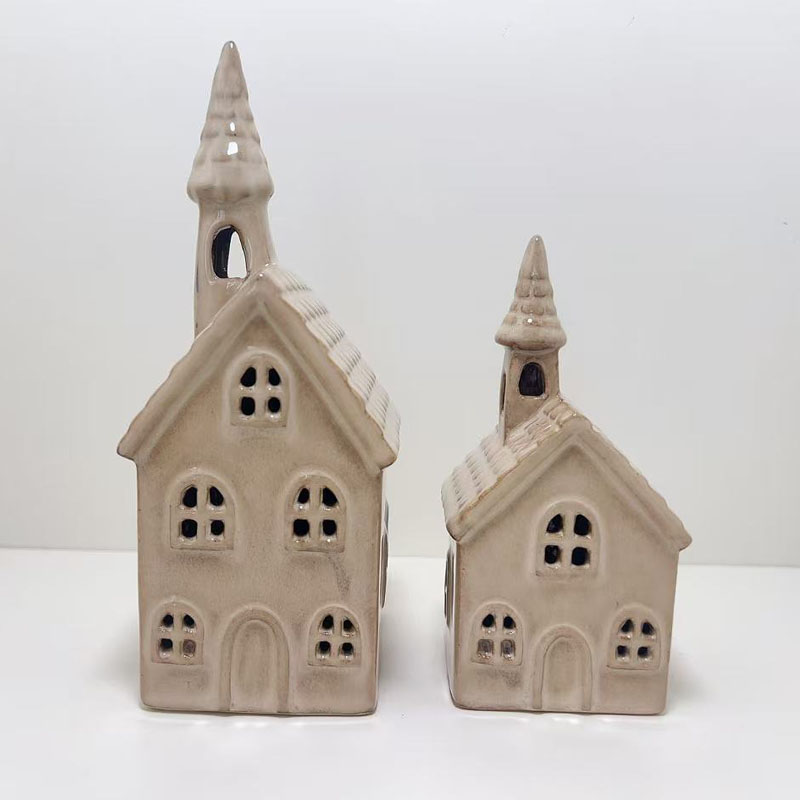 Distressed Cream White Church Steeple Ceramic Candle House, Hollow Window Christmas Village Ornament