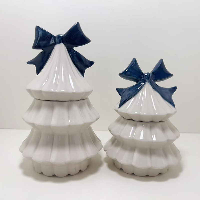 Christmas Tree Shaped Ceramic Storage Jar, Blue Bow Decor, Ribbed Lidded Candy Jar
