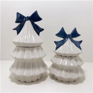 Christmas Tree Shaped Ceramic Storage Jar, Blue Bow Decor, Ribbed Lidded Candy Jar