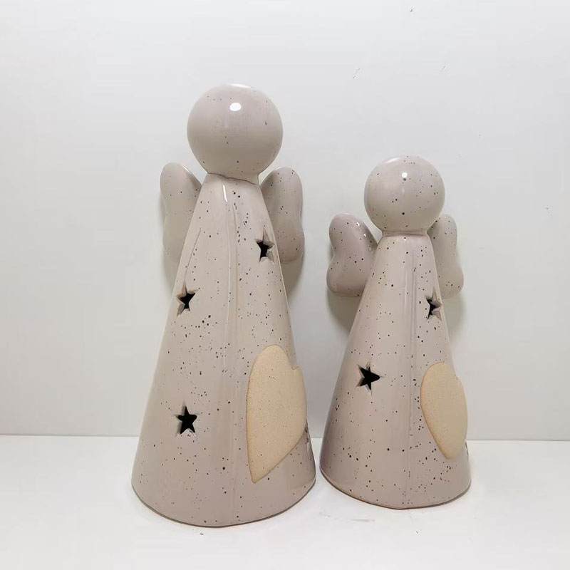 Speckled Beige Ceramic Angel Figurine with Hollow Star Cut‑Out and Textured Heart Appliqué, Neutral‑Style Christmas Tabletop Decor