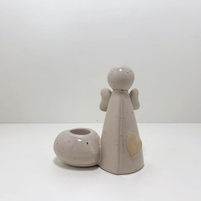Beige Speckled Angel Heart Ceramic Candle Holder, Minimalist Healing Style Holiday Decor Figurine