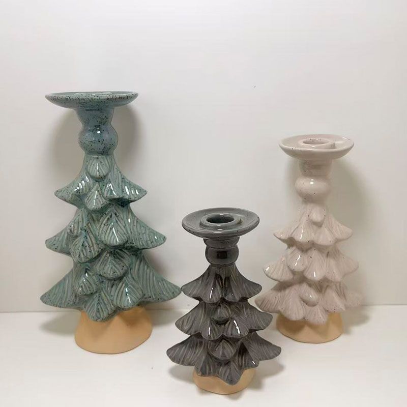 Speckled Glazed Ceramic Christmas Tree Candle Holder Set, Embossed Pine‑Leaf Texture, Multi‑Color Farmhouse Holiday Tabletop Candlestick