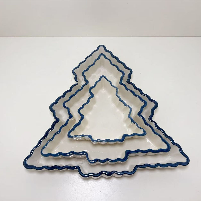Blue-Rimmed Christmas Tree Shaped Ceramic Plate Set of 3, Wavy Edge Irregular Snack Dish & Tray