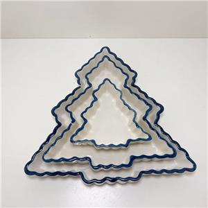 Blue-Rimmed Christmas Tree Shaped Ceramic Plate Set of 3, Wavy Edge Irregular Snack Dish & Tray