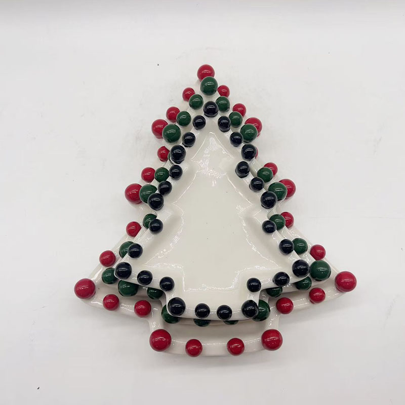 Handcrafted Beaded Christmas Tree Ceramic Catchall Dish | Colorful Dot-Matrix Edge Design | Creative Holiday Party Favor