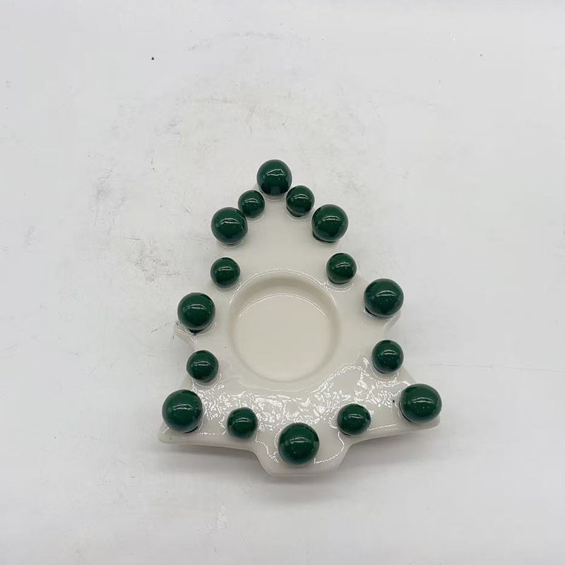 White Ceramic Christmas Tree Tealight Candle Holder with Rim‑Lined Green Ball Ornaments, Festive Tabletop Christmas Decor