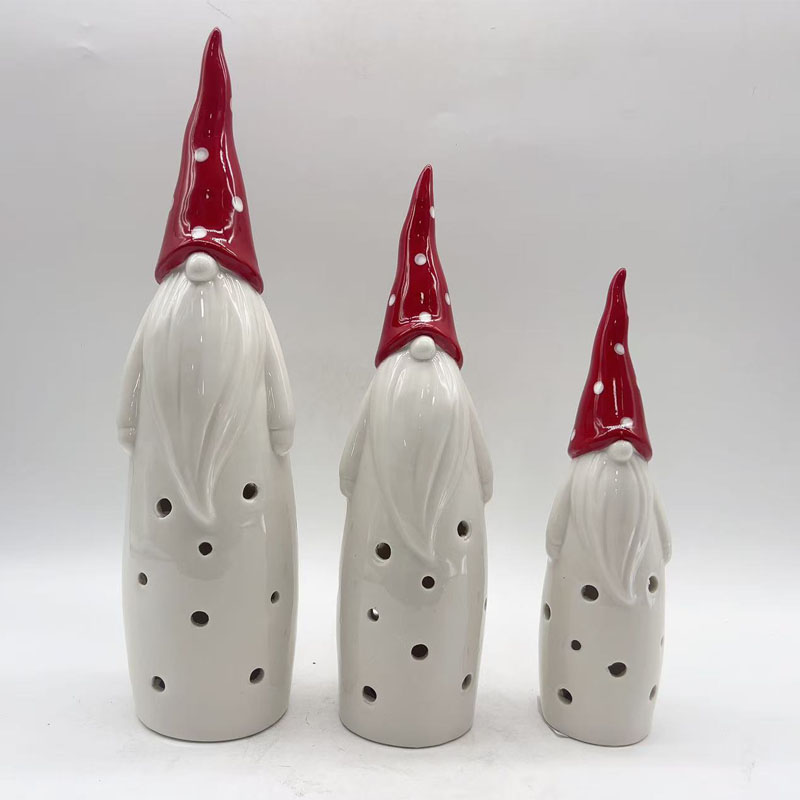 White Polka Dot Red Pointed Hat Long Beard Gnome Ceramic Figurine, Polka Dot Hollow-out Christmas Decor