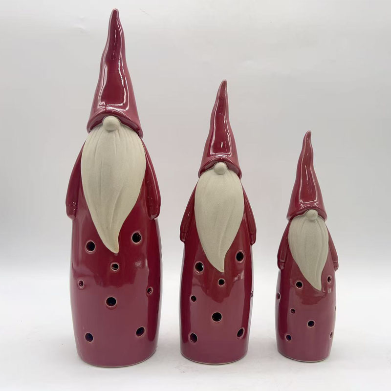 Burgundy Tall Hat Santa Ceramic Candle Holder | Pointed Hat & Long Beard Design | Gift Set