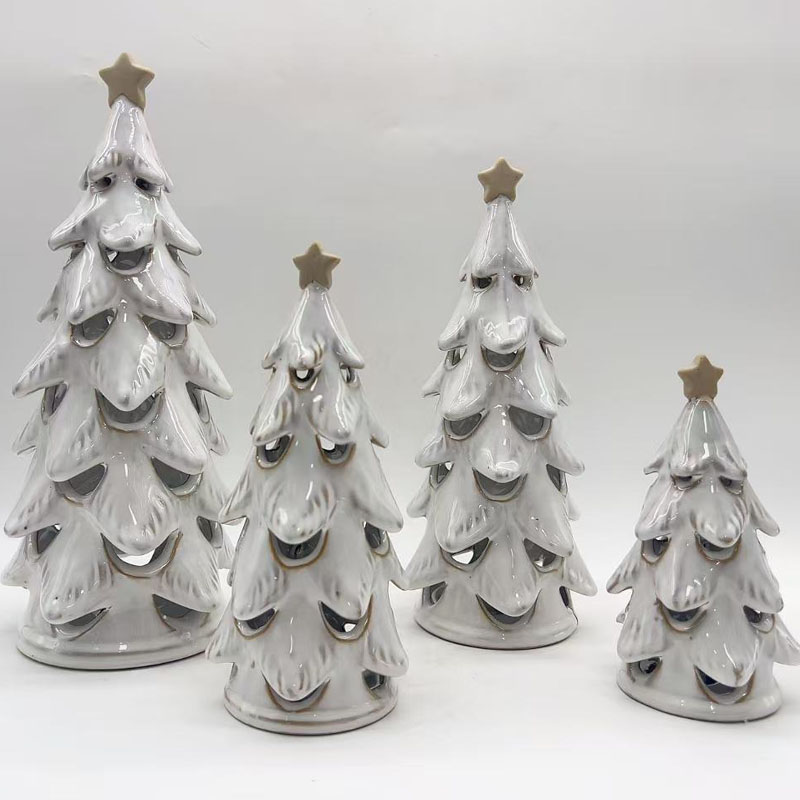 Glossy Glazed Hollow Cut‑Out Ceramic Christmas Tree Figurine with Star Topper, Farmhouse‑Style Christmas Tabletop Decor