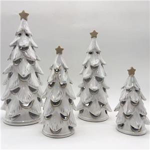 Glossy Glazed Hollow Cut‑Out Ceramic Christmas Tree Figurine with Star Topper, Farmhouse‑Style Christmas Tabletop Decor