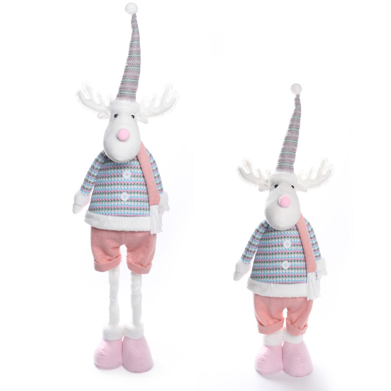 Cute Standing Fabric Moose Figurine with Pastel‑Stripe Knitted Outfit & Tall Pointed Hat, Christmas Tabletop Holiday Decor