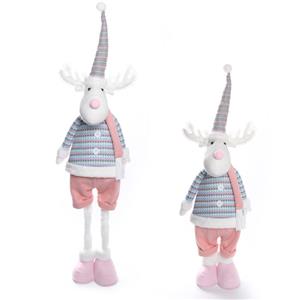 Cute Standing Fabric Moose Figurine with Pastel‑Stripe Knitted Outfit & Tall Pointed Hat, Christmas Tabletop Holiday Decor