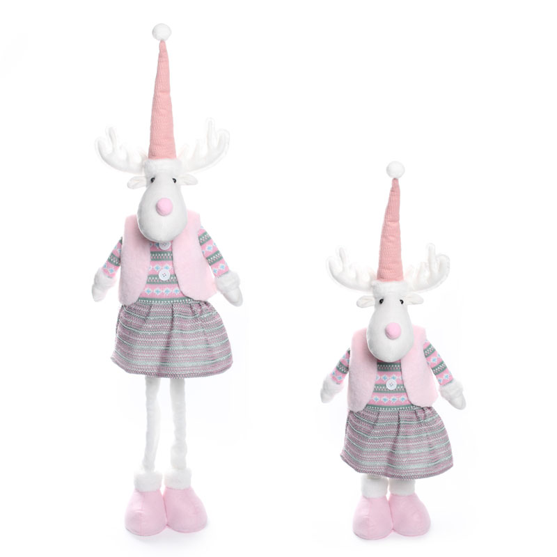 Pink Pointed Hat Reindeer Figurine, Fair Isle Pattern Vest & Skirt Standing Christmas Decor