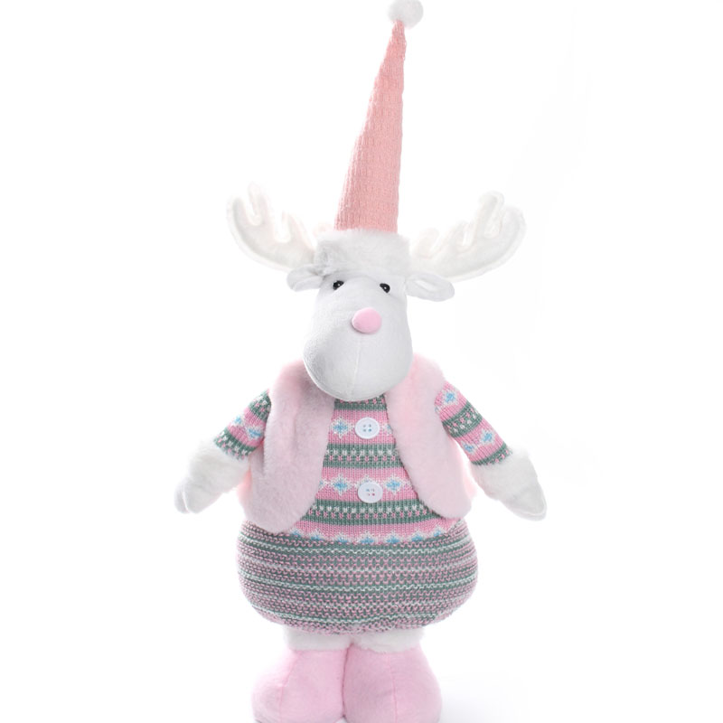 Fair Isle Knitted Plush Reindeer Doll | Pink Fleece Vest | Nordic Holiday Tabletop Ornament | Cozy Party Favor