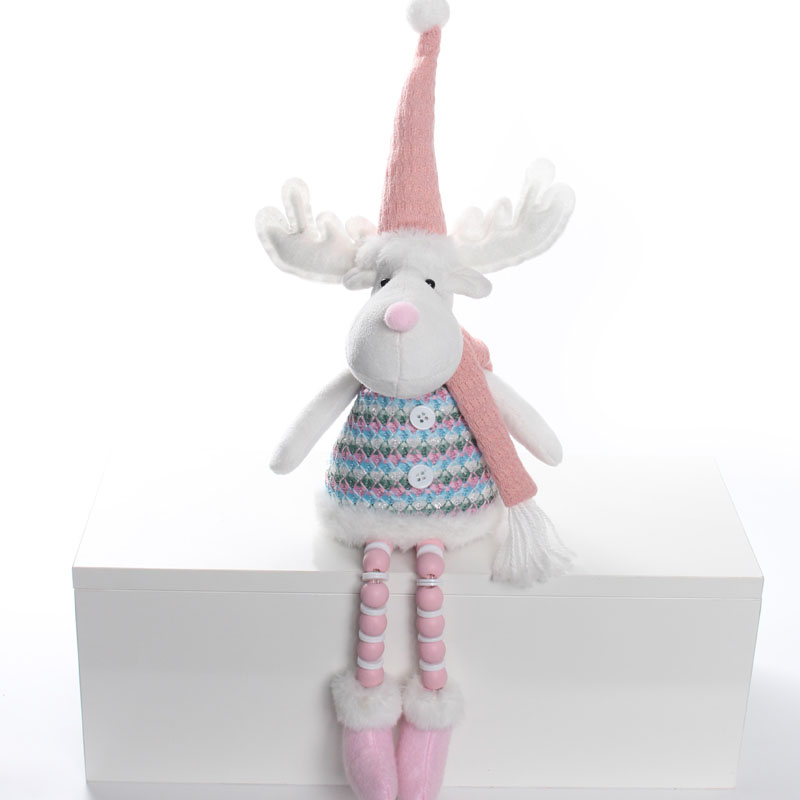 Sitting Fabric Moose Figurine, Fair Isle Knit Vest, Pastel‑Pink Pointed Hat & Scarf, Nordic Christmas Tabletop Decor