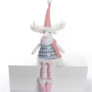 Sitting Fabric Moose Figurine, Fair Isle Knit Vest, Pastel‑Pink Pointed Hat & Scarf, Nordic Christmas Tabletop Decor