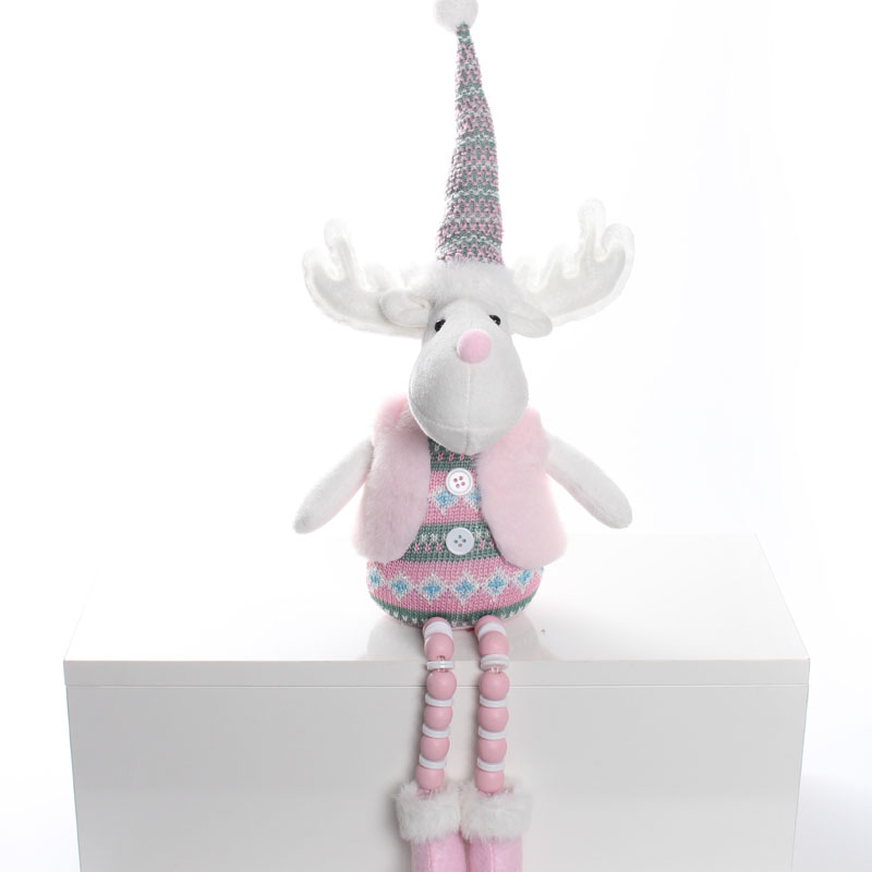 Macaron Pink Fair Isle Style Sitting Reindeer Plush Figurine, Christmas Holiday Ritual Sense