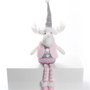 Macaron Pink Fair Isle Style Sitting Reindeer Plush Figurine, Christmas Holiday Ritual Sense