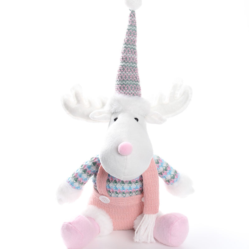 Macaron Pink Knitted Overalls Sitting Reindeer Figurine | Fair Isle Knit Series | Sweet Winter Tabletop Decor