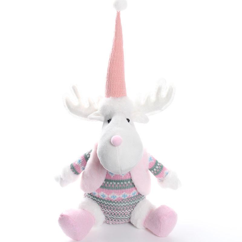 Sitting Fabric Moose Figurine, Fair Isle Knit Series with Pastel‑Pink Faux Fur Vest, Nordic Christmas Tabletop Decor