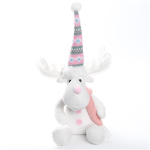 White & Pink Sitting Reindeer Plush Figurine, Fair Isle Collection Pointed Hat Macaron Pink Scarf Christmas Decor