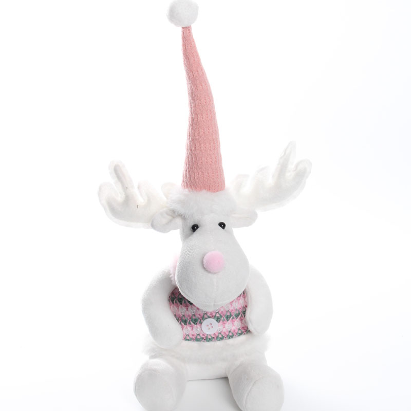 Pink Tall Hat Sitting Reindeer Figurine | Button Accent Fair Isle Knit Series | Sweet Winter Tabletop Decor | Sweet Holiday Gift