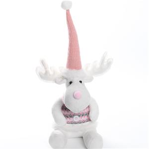 Pink Tall Hat Sitting Reindeer Figurine | Button Accent Fair Isle Knit Series | Sweet Winter Tabletop Decor | Sweet Holiday Gift