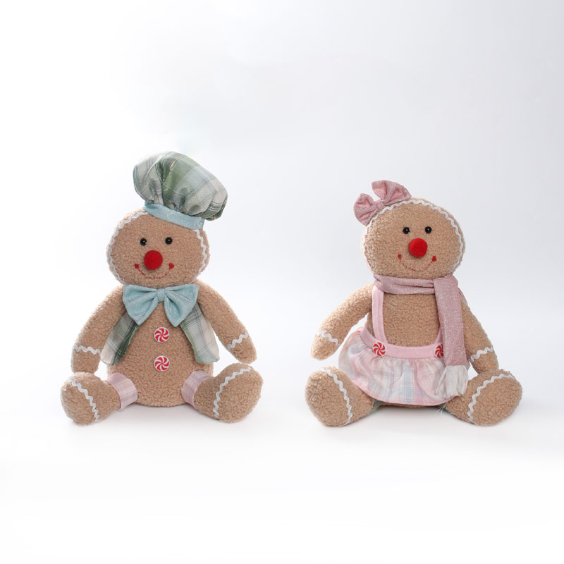 Sitting Fabric Gingerbread Man Couple Figurine Set, Plaid‑Series Outfits, Pastel‑Colored Christmas Tabletop Holiday Decor
