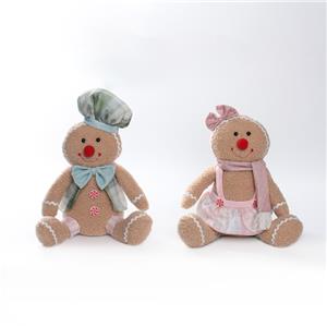 Sitting Fabric Gingerbread Man Couple Figurine Set, Plaid‑Series Outfits, Pastel‑Colored Christmas Tabletop Holiday Decor