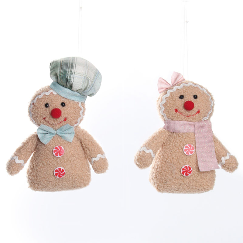 Couple Gingerbread Man Plush Ornament, Plaid Series Chef Hat & Bow Christmas Tree Hanging Decor
