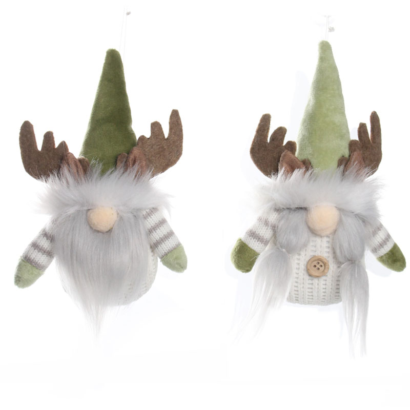 Fabric Gnome Hanging Ornament Set with Reindeer Antlers, Green Pointed Hat & Knitted Outfit, Nordic Christmas Tree Hanging Decoration