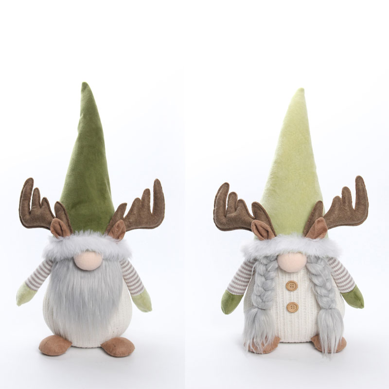 Antler Long-Beard Gnome Figurine, Macaron Green Pointed Hat Christmas Decor