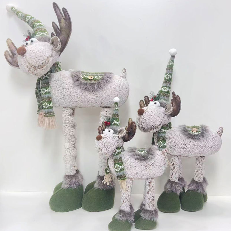 Fabric Reindeer Figurine Set, Fair‑Isle Series Green Knit Hat & Scarf Decoration, Nordic Farmhouse Christmas Tabletop Decor
