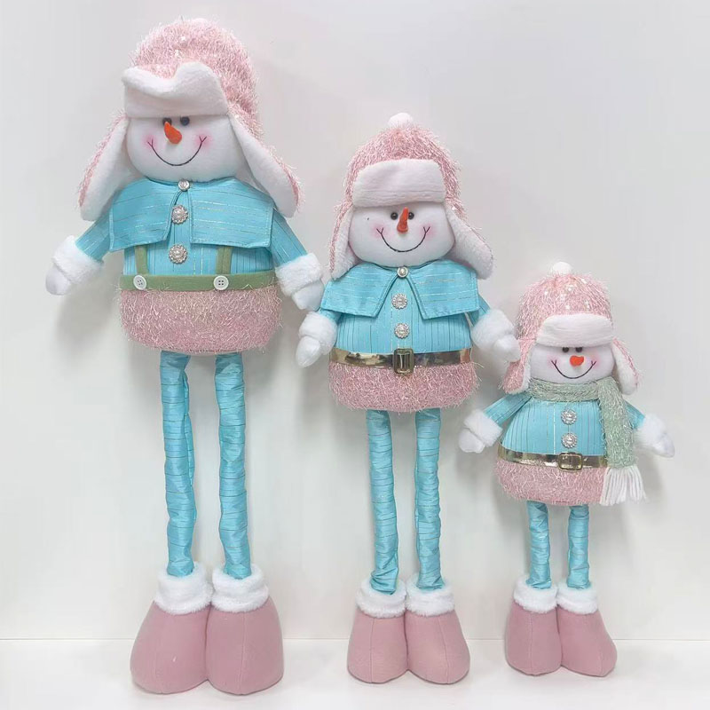 Pink & Blue Long-Leg Snowman Plush Figurine, Standing Christmas Playful Decor