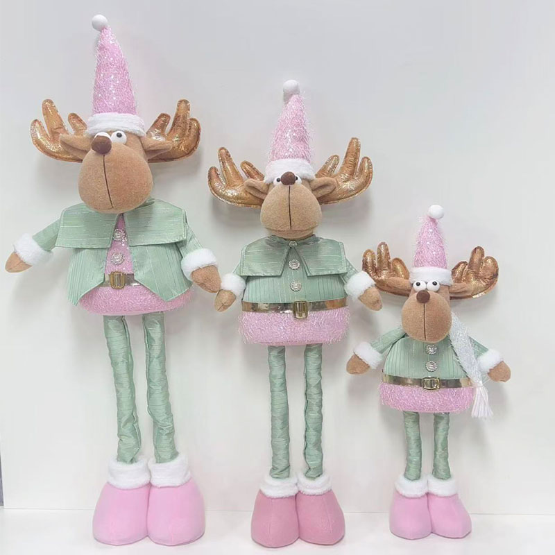 Glitter Pointed Hat Long-Legged Reindeer Doll | Macaron Pink & Green Color Palette | Sweet Holiday Tabletop Figurine