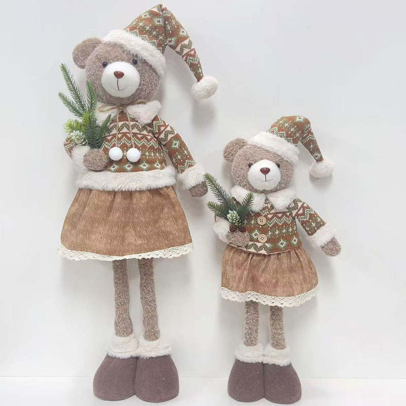 Fabric Christmas Bear Figurine Set, Fair‑Isle Knit Outfit with Lace Skirt, Nordic Farmhouse Tabletop Holiday Decor