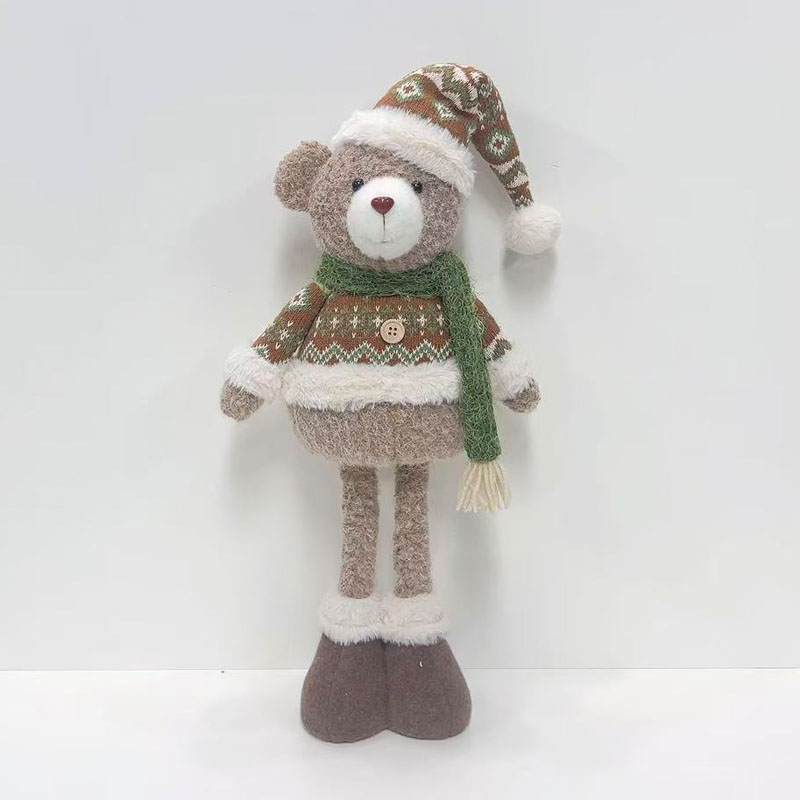 Fair Isle Pattern Sweater Teddy Bear Plush Figurine, Green Scarf Long-Leg Standing Christmas Decor