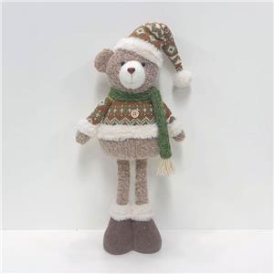 Fair Isle Pattern Sweater Teddy Bear Plush Figurine, Green Scarf Long-Leg Standing Christmas Decor