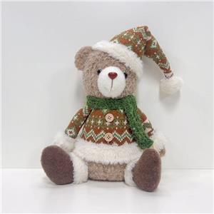 Fair Isle Knit Santa Hat Sitting Teddy Bear Figurine | Brown & Green Color-Block Sweater with Wooden Buttons | Cozy Holiday Gift