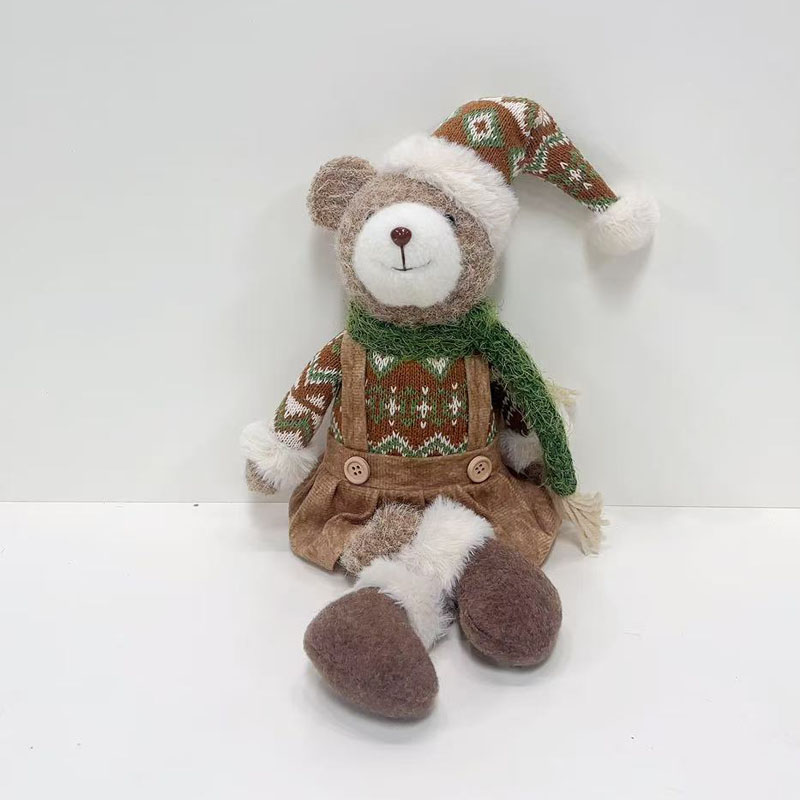 Sitting Fabric Christmas Bear Figurine, Fair‑Isle Knit Top With Corduroy Overall Skirt, Nordic Farmhouse Holiday Tabletop Decor