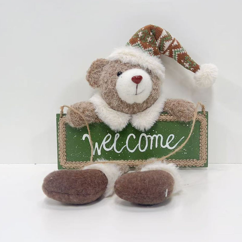 Red Fair‑Isle Collection Teddy Bear Holding Green Welcome Sign Ornament, Christmas Welcome Door Hanging Decor