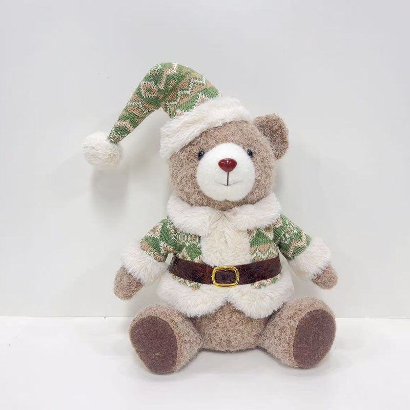 Sitting Teddy Bear Figurine | Fair Isle Series Santa Outfit | Soft Plush Winter Tabletop Decor | Cozy Holiday Gift